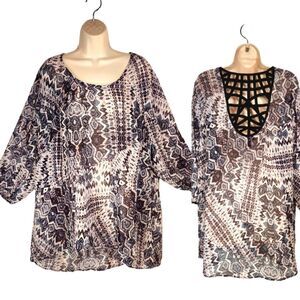 Maurices Tunic Top Sheer Tribal Aztec Pink‎ Blue Black Cut Out Open Back 3X